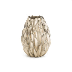 Small, heavy solid bronze pod-like candle holder for taper with 3-d relief; shown in polished finish