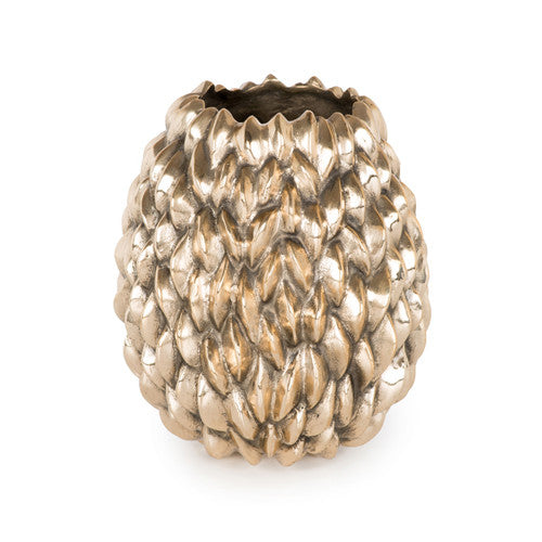 Solid bronze pod-like vessel with 3-d relief; shown in polished finish