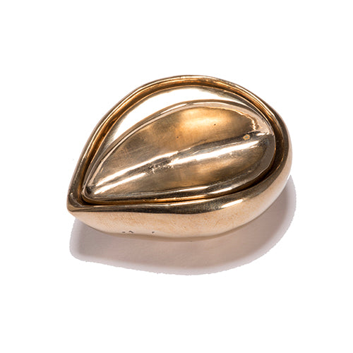 Small, leaf-shaped, cast bronze box featuring lid with sail-shaped handle