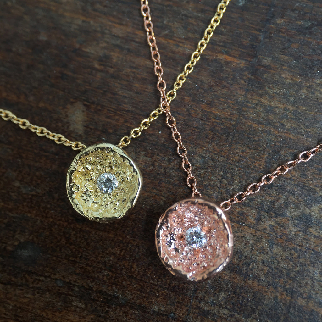 Textured, concave, round pod with center diamond